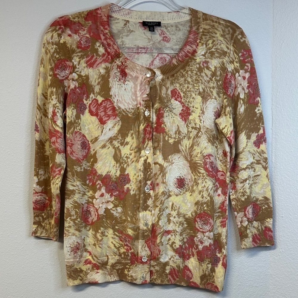 Talbots Women's Floral Beaded Cotton 3/4 Sleeve Button Up Cardigan XS